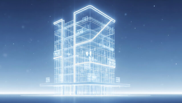 Fintech 3d data visualization representing a futuristic financial building structure with glowing blue lines on a minimalist background. - Powered by Adobe