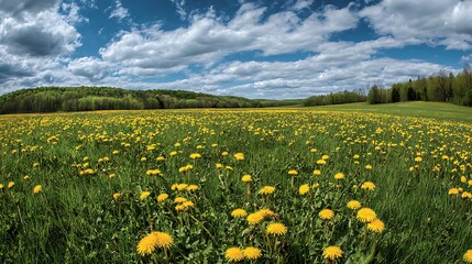 Fototapeta premium Dandelion Field Under Cloudy Blue Sky Panorama