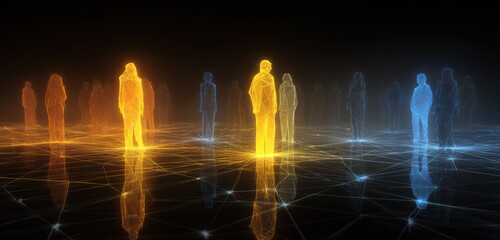 Digital Collective: Abstract silhouettes of individuals coalesce within a digital network, rendered in ethereal hues. Highlighting interconnectedness and virtual presence. 