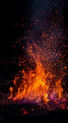 Fiery flames and glowing embers on black