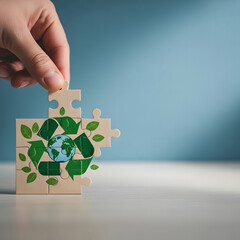 Hand placing a puzzle piece with a recycling symbol and green leaves on a table with a blue background