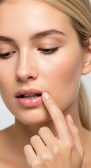 Woman with a natural look touching her lips with her finger.