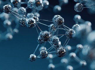 Abstract interconnected spheres and rods against a blue background