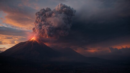 Fototapeta premium Erupting Volcano at Sunset with Dramatic Ash Clouds and Flames