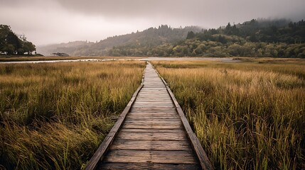 Fototapeta premium Foggy Marsh Walkway Wooden Path Through Nature