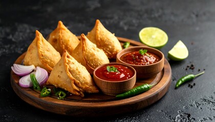 Delicious Samosas with Chutney and Fresh Garnishes on Wooden Tray.