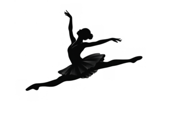 Ballerina silhouette performing elegant mid-air dance leap in classic tutu with graceful pose, transparent background