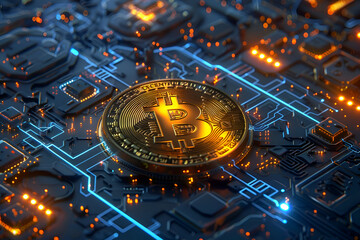 Futuristic bitcoin concept with glowing cryptocurrency on circuit board background