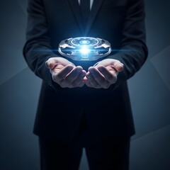 Businessman holding a glowing blue globe in his hands representing global connections and technology