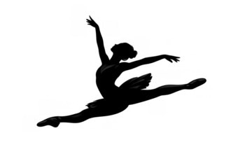 Ballerina silhouette dancing in elegant leap, ballet performer executing aerial jump with movement, transparent background