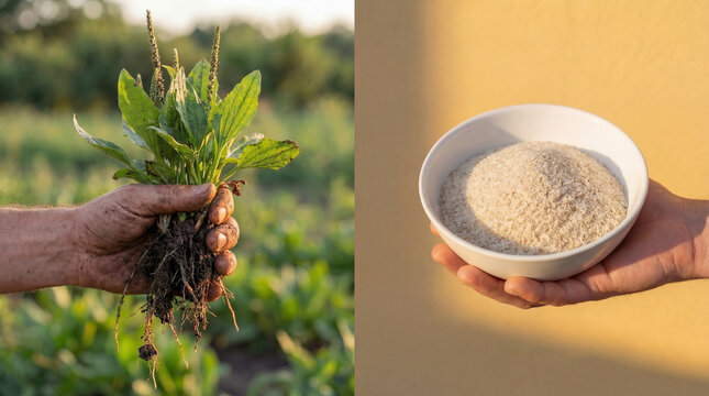 Freshly harvested plantain plant held in hand, showcasing roots and leaves, alongside a bowl of psyllium powder, illustrating natural ingredients and their uses
