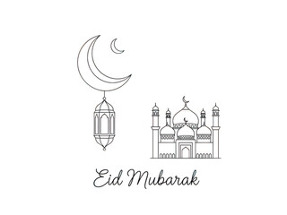 Obraz premium Eid mubarak illustration with crescent moon and mosque - isolated on transparent background