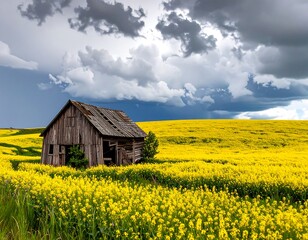 Old weathered wooden barn in vibrant yellow field, under dramatic sky, hinting at rural life