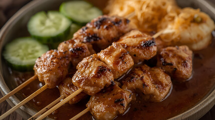  Delicious Grilled Chicken Satay with Peanut Sauce, Cucumber Slices, and Rice Cakes - A Culinary Delight
