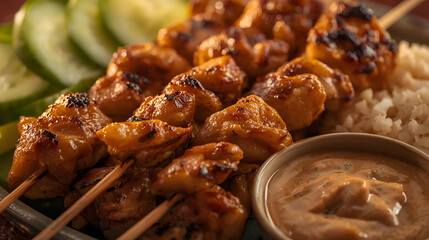 Sizzling Skewers of Satiating Satay: A Delicious Ramadan Iftar Feast with Peanut Sauce, Rice, and Refreshing Cucumber