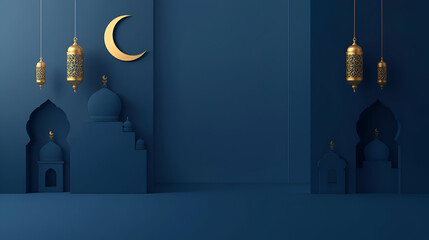 A Serene Ramadan: Elegant Blue Backdrop with Crescent Moon, Lanterns, and Mosque Silhouette, Evoking Spirituality and Celebration