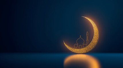 Illuminating the Holy Month: A Golden Crescent Moon and Mosque Silhouette, Symbolizing Ramadan's Spirituality, Reflection, and Blessings Against a Dark Blue Backdrop, Evoking Peace and Serenity