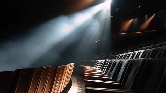 A captivating glimpse of an empty theater, illuminated by dramatic beams of light piercing through the smoke, creating an enchanting and mysterious ambiance.