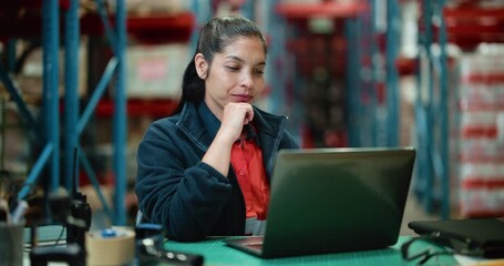 Woman, thinking and logistics in warehouse with laptop for idea, shipping or distribution report. Happy, person and reading with computer in factory for operations email, supply chain review or plan. - Powered by Adobe