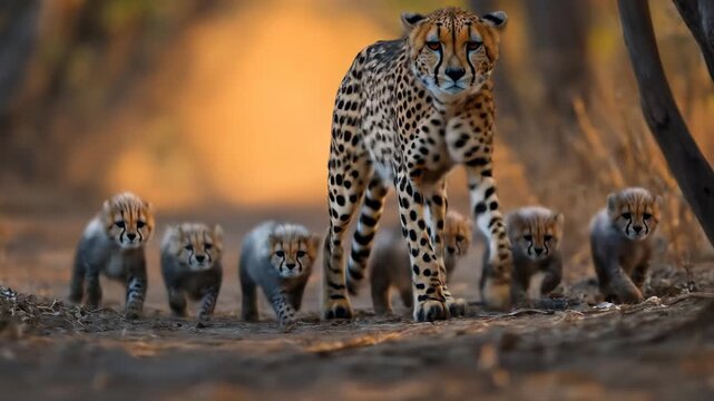 Cheetah leads her cubs through a forest path at dawn