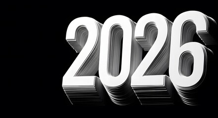 Shiny 3D white number 2026 on black background with reflection