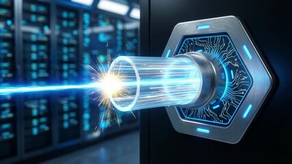 Futuristic data transfer creative workflow ai glowing fiber optic conduit emits electric light and sparks as glowing blue energy beam connecting - Powered by Adobe