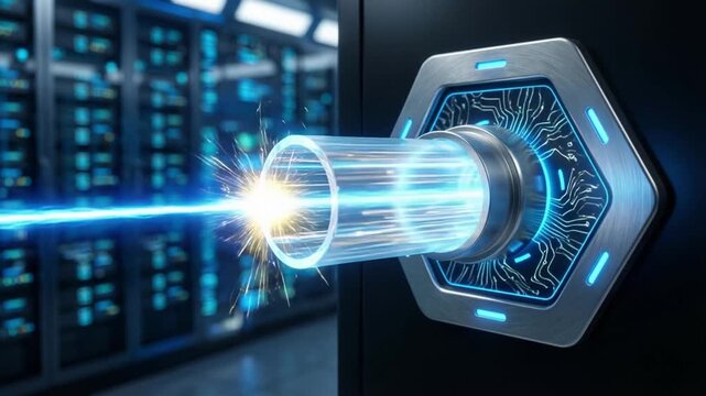 Futuristic data transfer creative workflow ai glowing fiber optic conduit emits electric light and sparks as glowing blue energy beam connecting