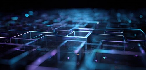 Abstract grid of glowing, translucent cubes in deep blues and purples