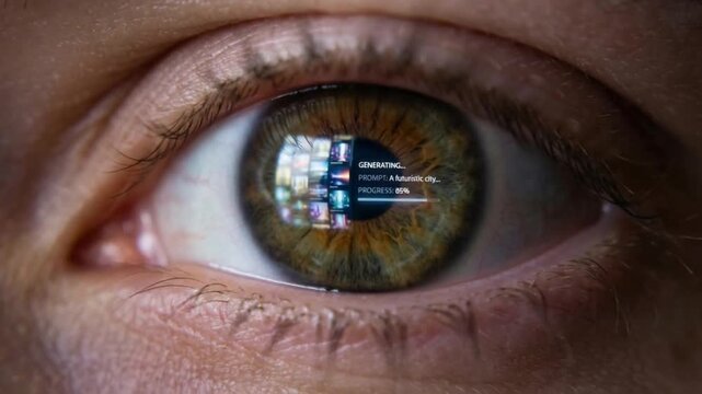 Creative workflow ai human eye reflection showing screen generating futuristic city progress bar emotional focus iris reflection screen generating