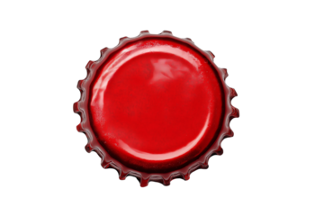 A single red beer bottle cap viewed from above against a dark background isolated on a transparent background
