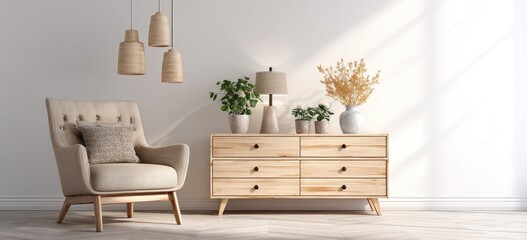 Light, neutral-toned room with chair, dresser, lamps, and plants on wood floors
