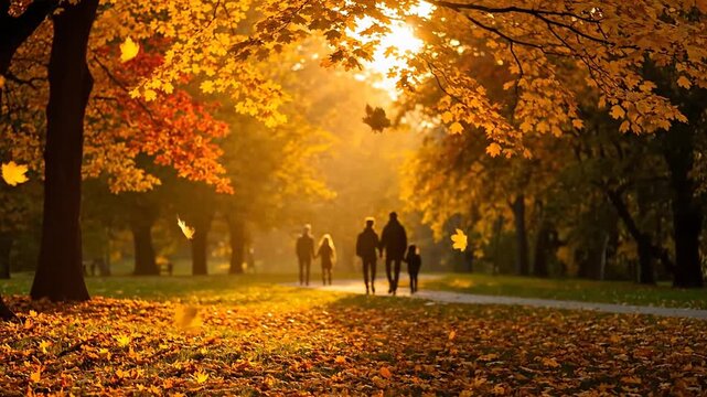 People walk along a leaf-covered path in an autumnal park with trees and sunlight filtering through