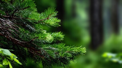 Lush green pine branch in a blurred forest background, nature conservation concept.