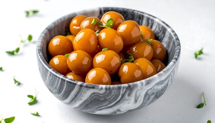 Golden Cherry Tomatoes in a Marble Bowl on White.