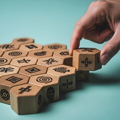 A hand placing a wooden block with symbols on a set of interconnected hexagonal blocks