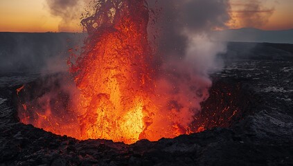 Erupting Volcano Lava Jet Displaying Fiery Orange and Red Colors