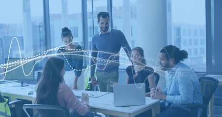 Collaborating five coworkers reviewing data at office table in business wear, laptop, safety vests