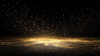 Golden particles suspended in black space, glittering softly on surface