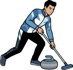 Male curling players sweeping the ice with brooms, flat vector illustration (isolated SVG)