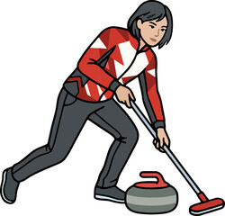 Female curling players sweeping the ice with brooms, flat vector illustration (isolated SVG)