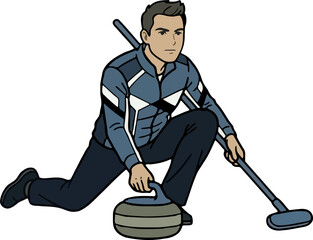 Male curling player delivering a stone on ice, flat vector illustration (isolated SVG)