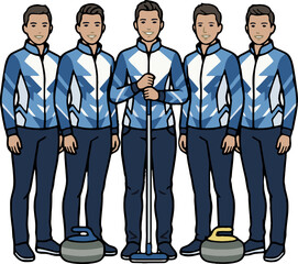 Male curling team group portrait of 5 players with reserve, flat vector (isolated SVG)