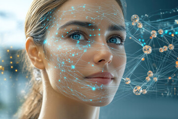 Concept of rejuvenation. Close-up
of woman's face with molecular structure of serum or retinol.