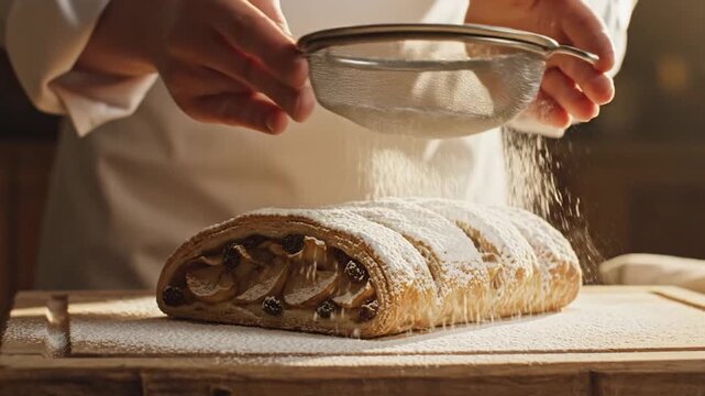 Chef Sprinkling Powdered Sugar on a Delicious Apple Strudel.