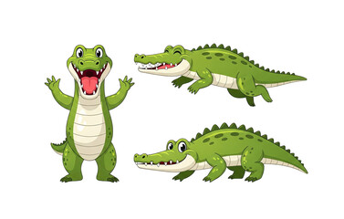 Obraz premium Cartoon Alligators In Various Poses On Black Background Pixel Art Style