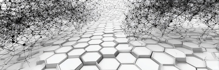 Abstract white hexagonal pattern receding with black network elements