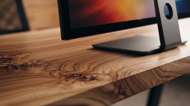 Close-up of a wooden desk with a computer monitor on top, modern design.