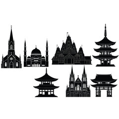 Fototapeta premium Silhouettes of famous religious buildings isolated on white background, Vector, illustration