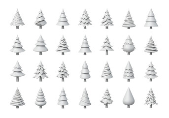Collection of white minimalist christmas tree silhouettes, abstract and geometric designs, flat lay arrangement on a high-key transparent background. Concept of modern holiday graphic assets
