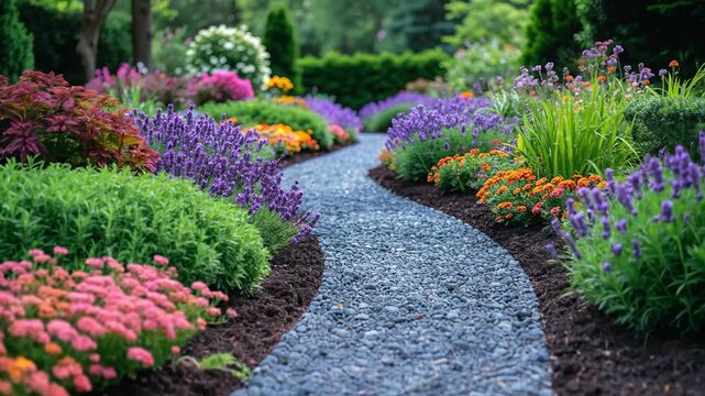 Scenic garden path winding through vibrant flowerbeds, creating a peaceful and colorful landscape.